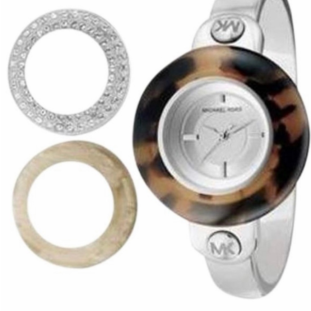 Michael Kors MK4167 Silver Bangle Watch Set - New Battery & 3 Bezels